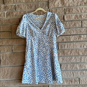 Uniqlo Blue & Cream Polka Dot Dress | Puff Sleeves | Side Zip | Size M